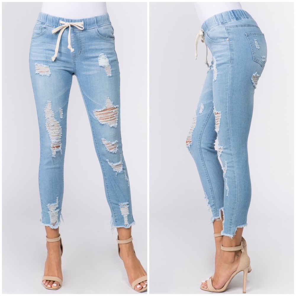 Distressed tie waist skinny denim joggers - Picture 1 of 3